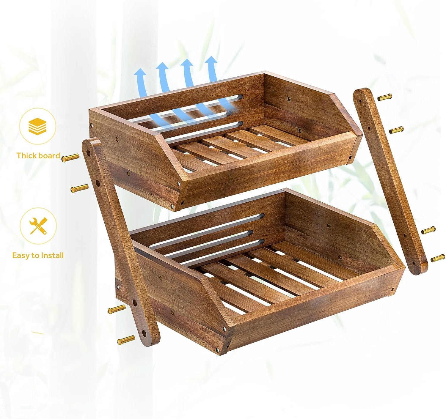 2-Tier Acacia Wood Fruit Basket Stand, Kitchen Countertop Storage Rack - Image 5