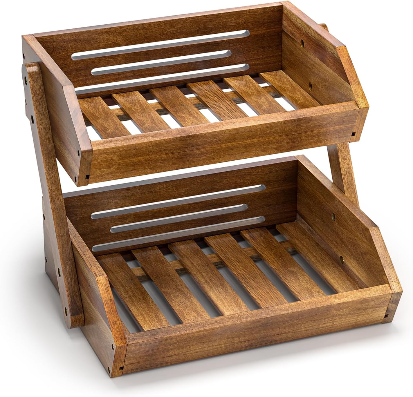 2-Tier Acacia Wood Fruit Basket Stand, Kitchen Countertop Storage Rack - Image 4