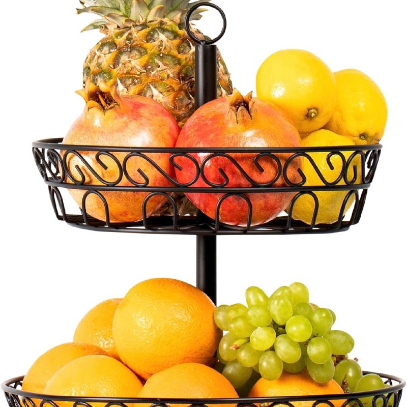 2-Tier Fruit Basket, Keeps Fruits & Vegetables Fresh, Vintage Metal Stand, Black (30 x 30 x 36 cm)