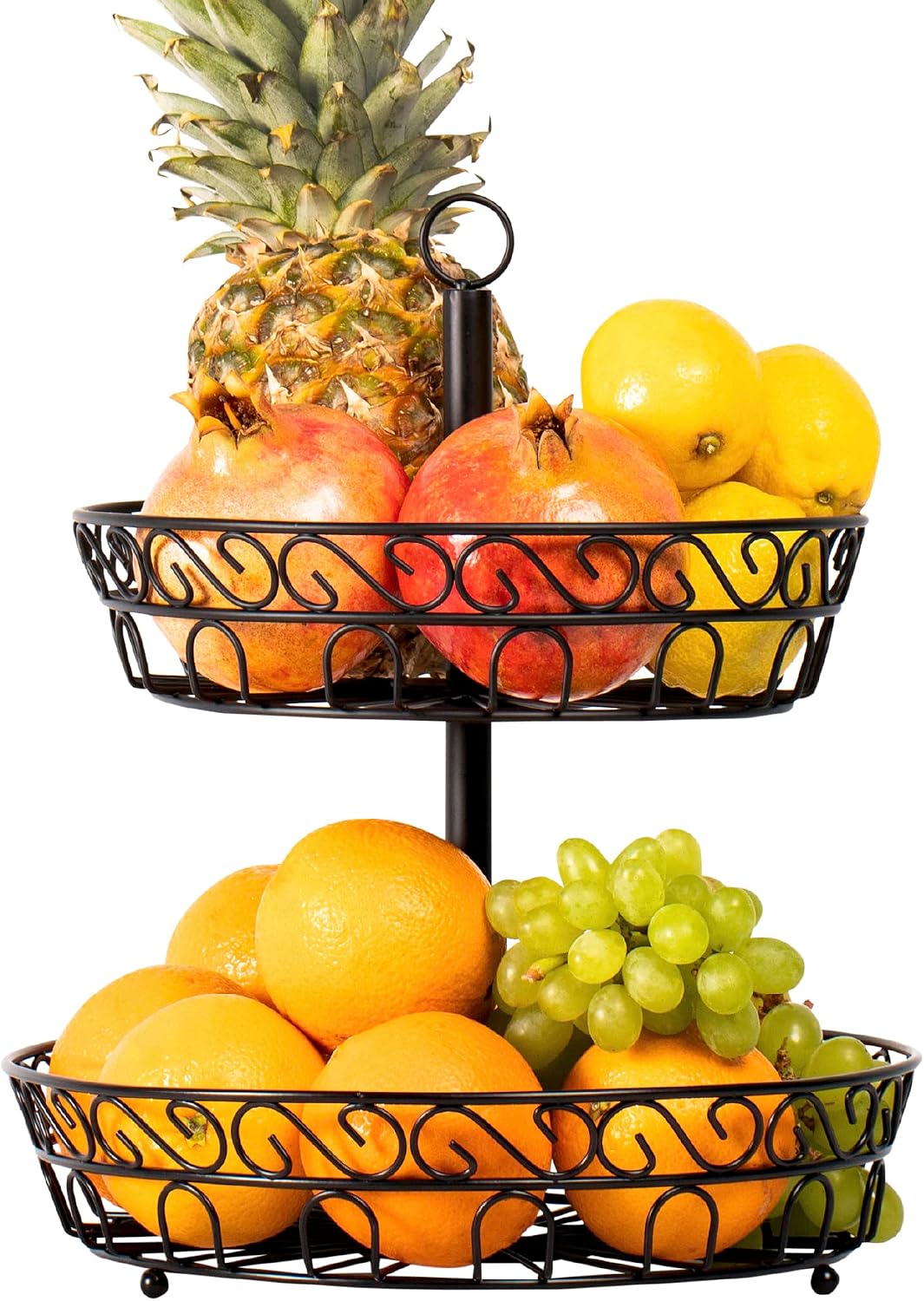 2-Tier Fruit Basket, Keeps Fruits & Vegetables Fresh, Vintage Metal Stand, Black (30 x 30 x 36 cm)