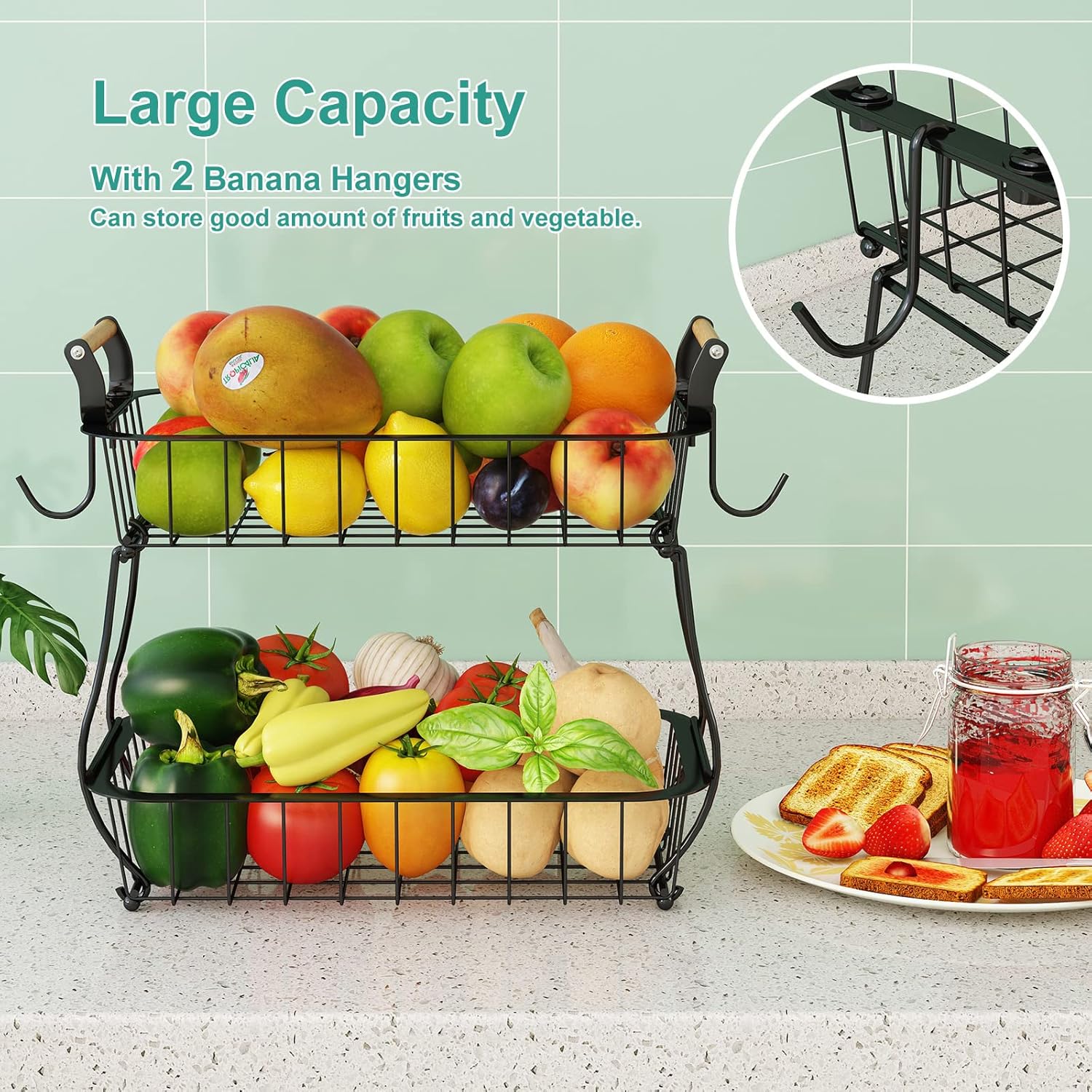 2-Tier Fruit Basket with 2 Banana Hangers, Metal Wire Storage Stand for Fruits, Bread, Snacks & Veggies, Black - Image 2
