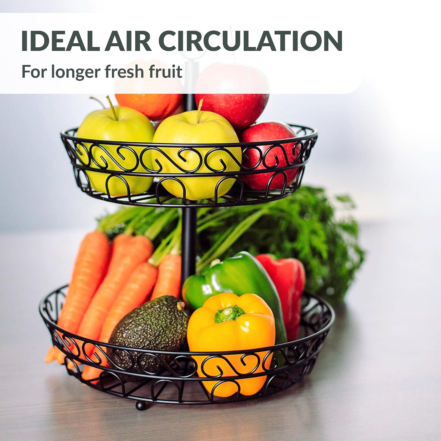2-Tier Fruit Basket, Keeps Fruits & Vegetables Fresh, Vintage Metal Stand, Black (30 x 30 x 36 cm) - Image 6