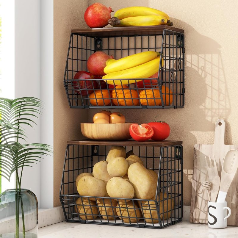 2-Tier Hanging Fruit Basket with Banana Holder, Wall-Mounted Vegetable Storage Rack, Black Wire Baskets
