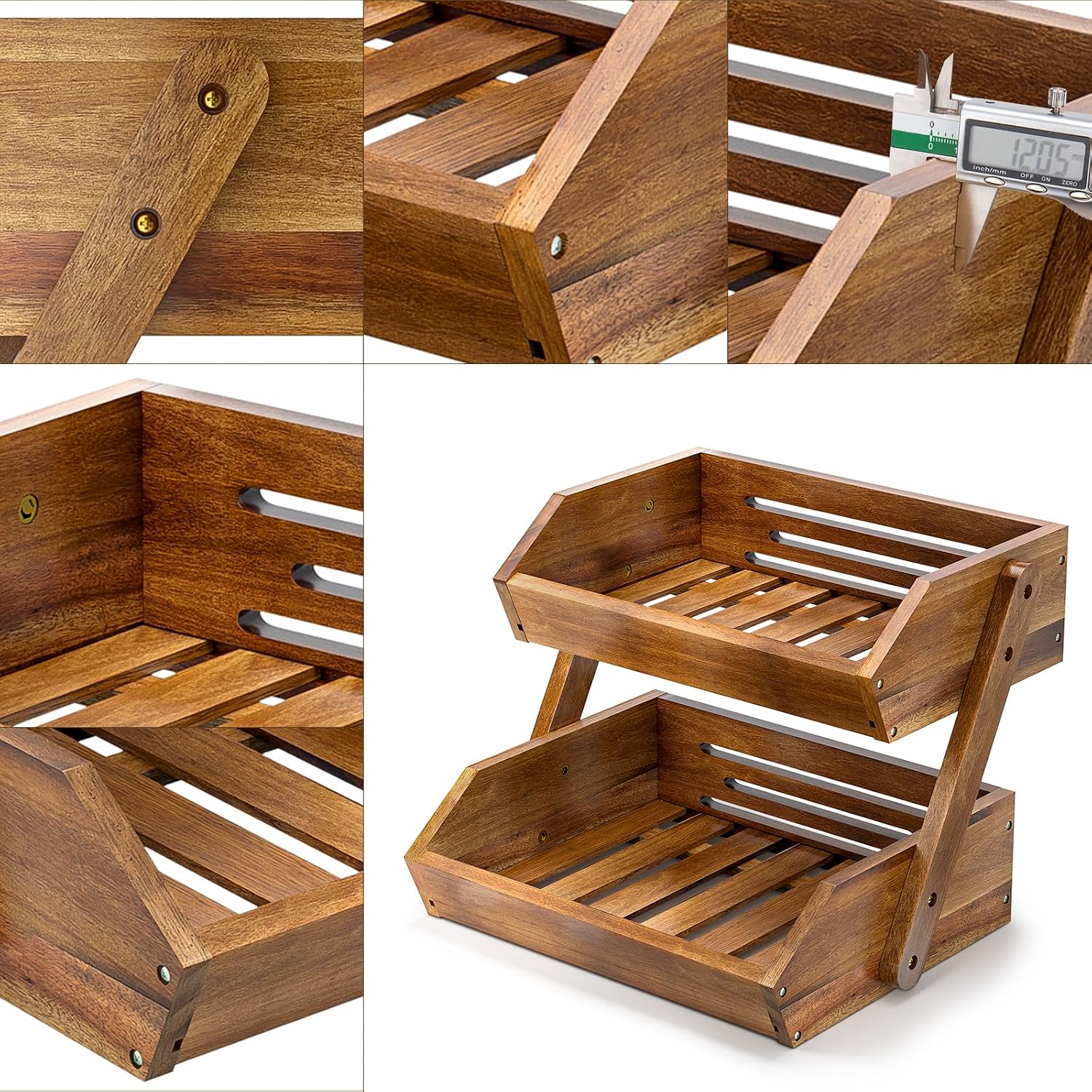 2-Tier Acacia Wood Fruit Basket Stand, Kitchen Countertop Storage Rack - Image 6