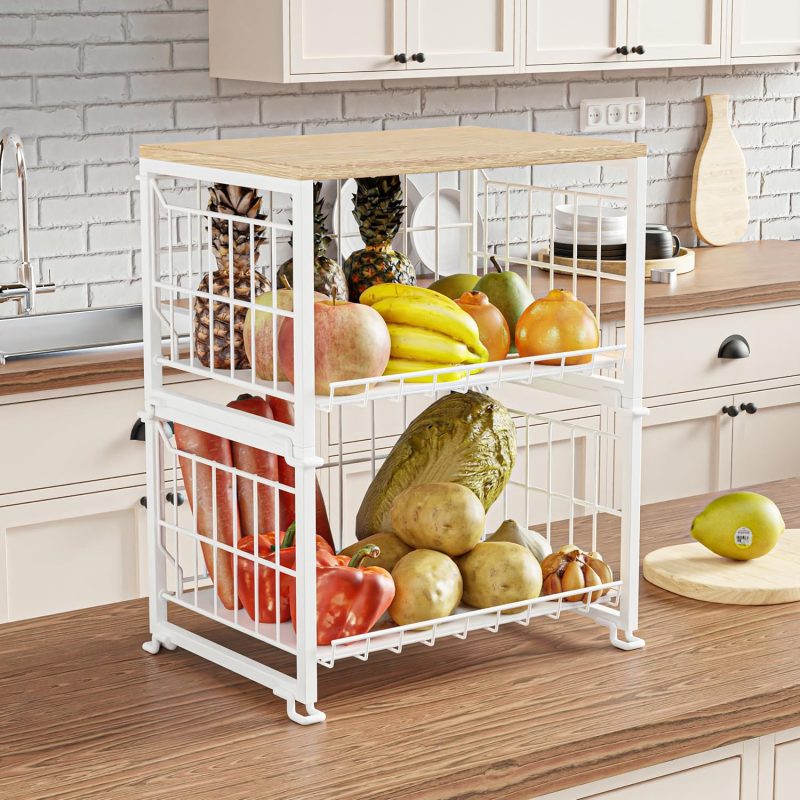Vegetable Storage Rack, 3-Tier Wire Organiser for Kitchen Countertop or Pantry, Durable Metal White (Max 60kg Load)