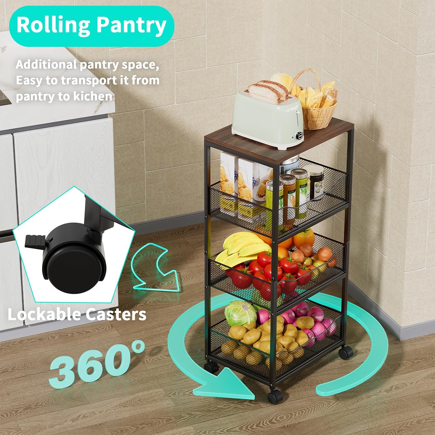 4-Tier Vegetable Storage Rack with Wheels, Wood Top Kitchen Trolley, Fruit & Vegetable Organizer - Image 5