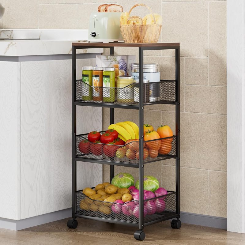 4-Tier Vegetable Storage Rack with Wheels, Wood Top Kitchen Trolley, Fruit & Vegetable Organizer