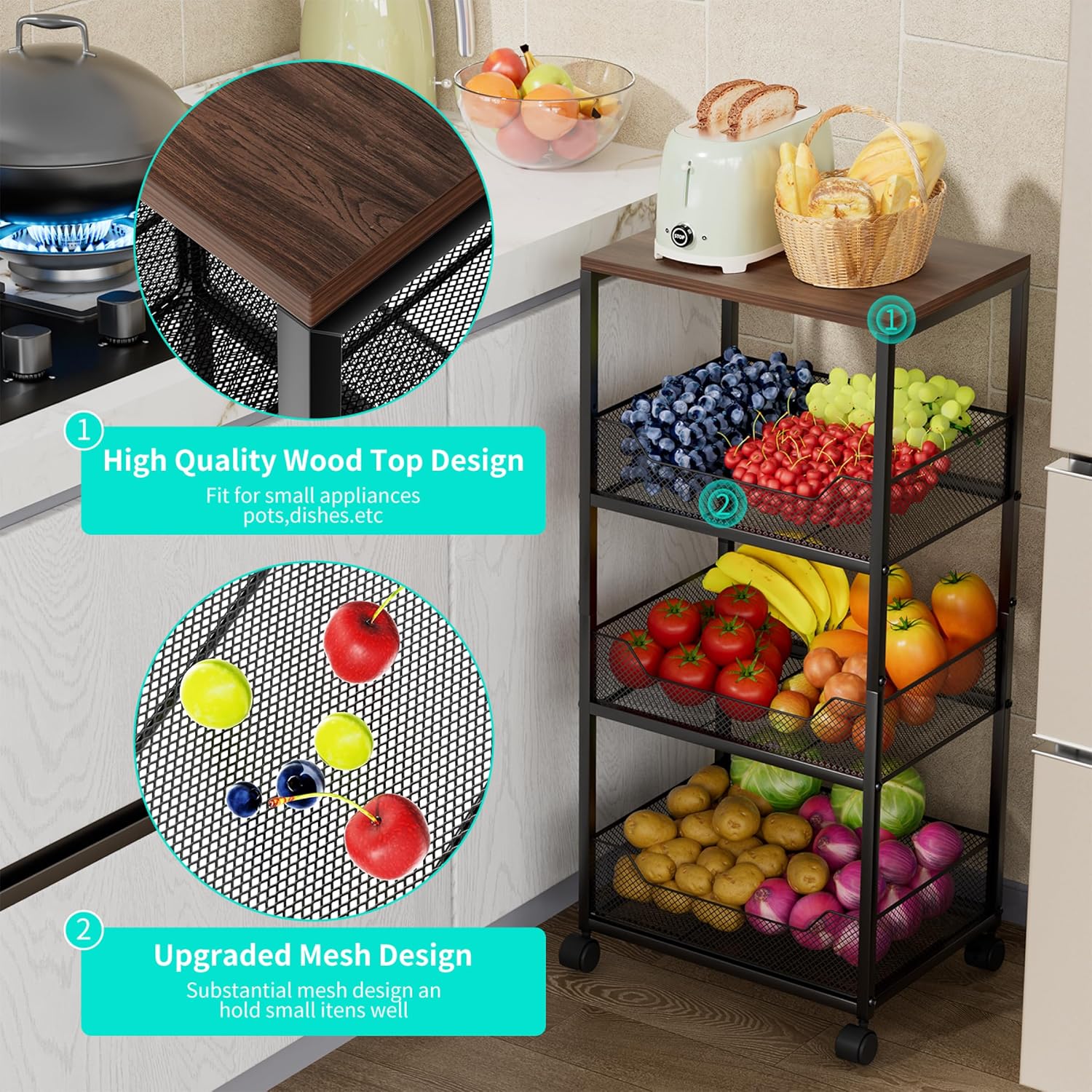 4-Tier Vegetable Storage Rack with Wheels, Wood Top Kitchen Trolley, Fruit & Vegetable Organizer - Image 2