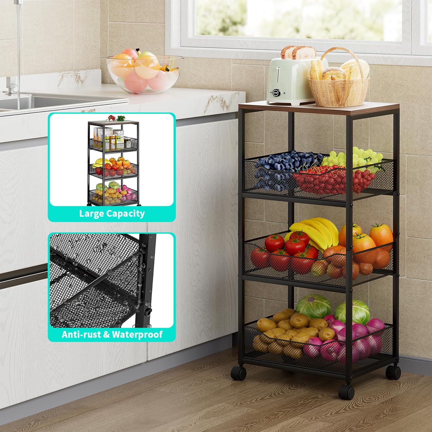 4-Tier Vegetable Storage Rack with Wheels, Wood Top Kitchen Trolley, Fruit & Vegetable Organizer - Image 6